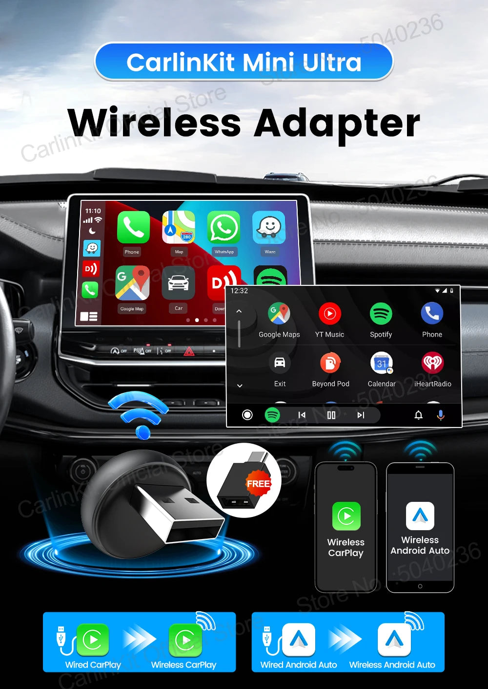 New CarlinKit 5.0 Mini Ultra3 Wireless Android Auto CarPlay 2-In-1 Wireless Adapter WIFI BLE Auto Connect Smart Mini Box For Car - Daisan Mart