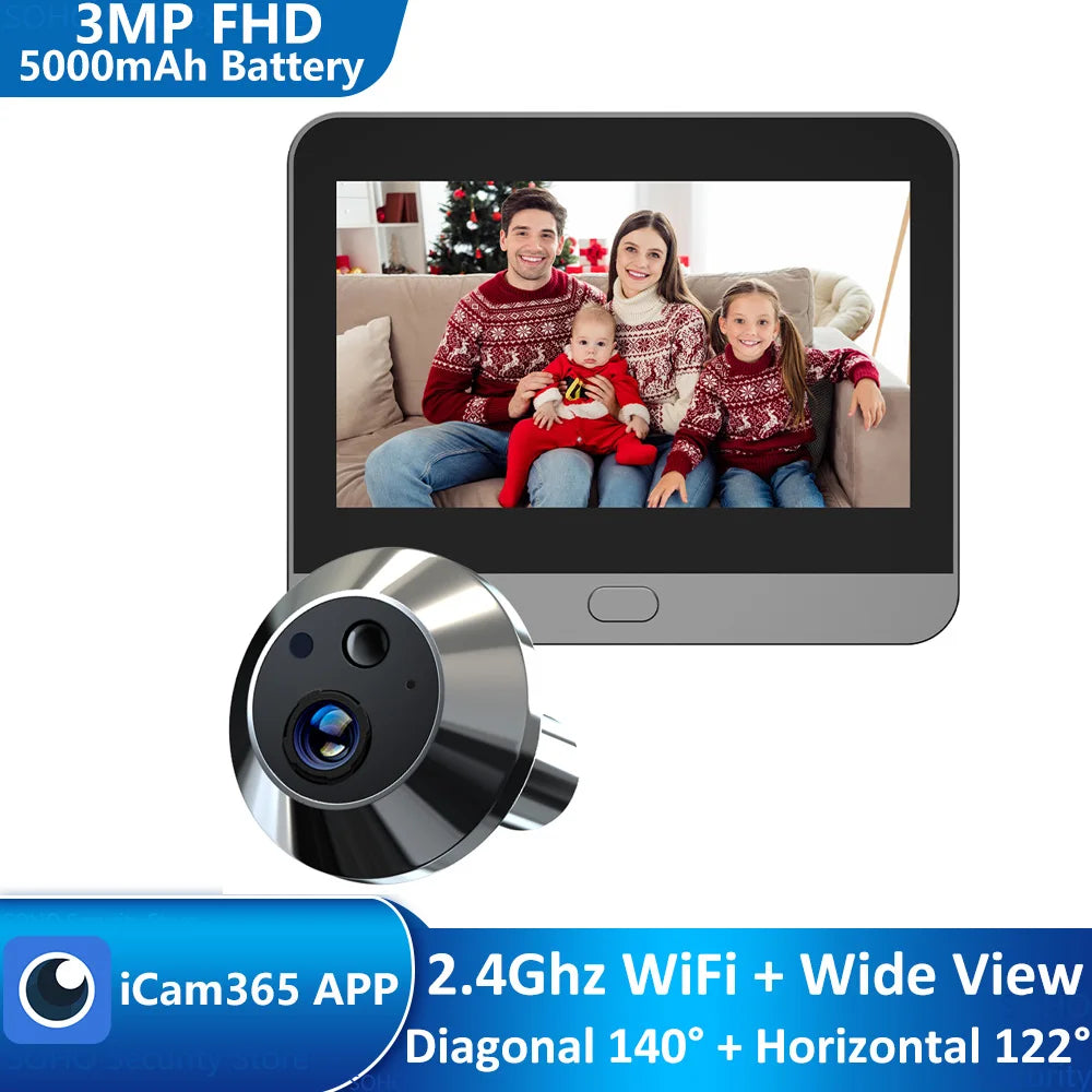 Smart 3MP Mini Digital Peephole Door Camera 2.4Ghz WiFi Infrared IR Night Vision PIR Motion Detection Digital Viewer iCam365 APP