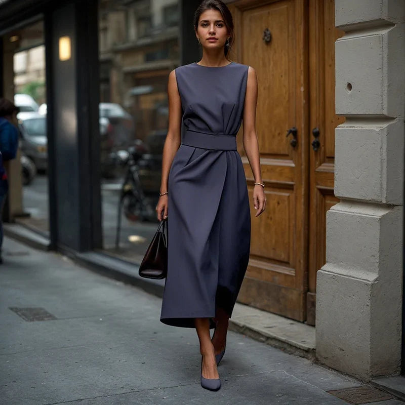 Office Lady Commute Long Dresses High Street Solid Color Round Neck Sleeveless Irregular High Waist A-Line Dresses For Women - Daisan Mart