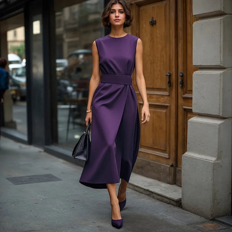 Office Lady Commute Long Dresses High Street Solid Color Round Neck Sleeveless Irregular High Waist A-Line Dresses For Women - Daisan Mart