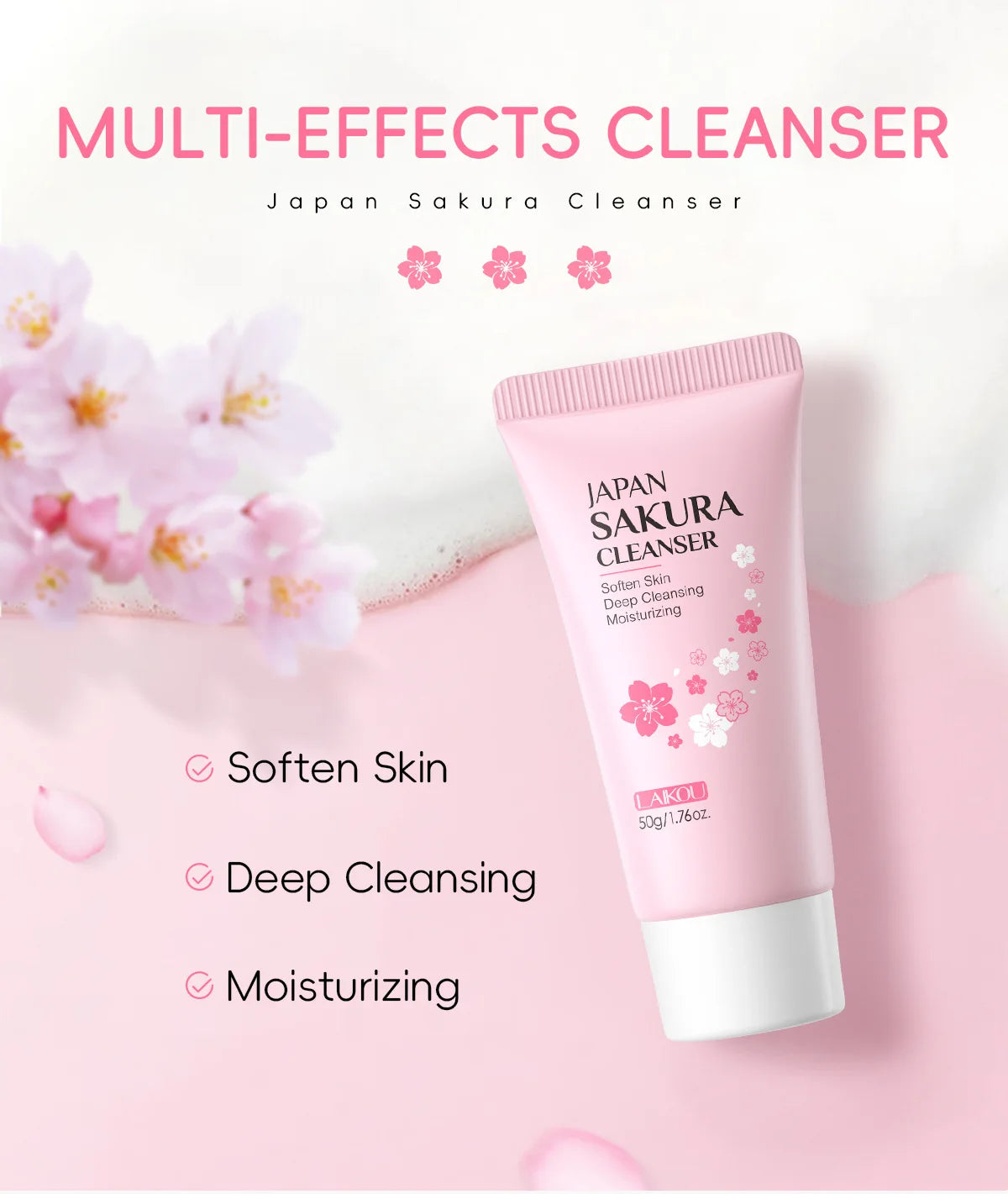 LAIKOU Sakura Facial Cleanser Foam Face Wash Remove Blackhead Moisturizing Shrink Pores Deep Cleaning Oil Control Skin Care 50g