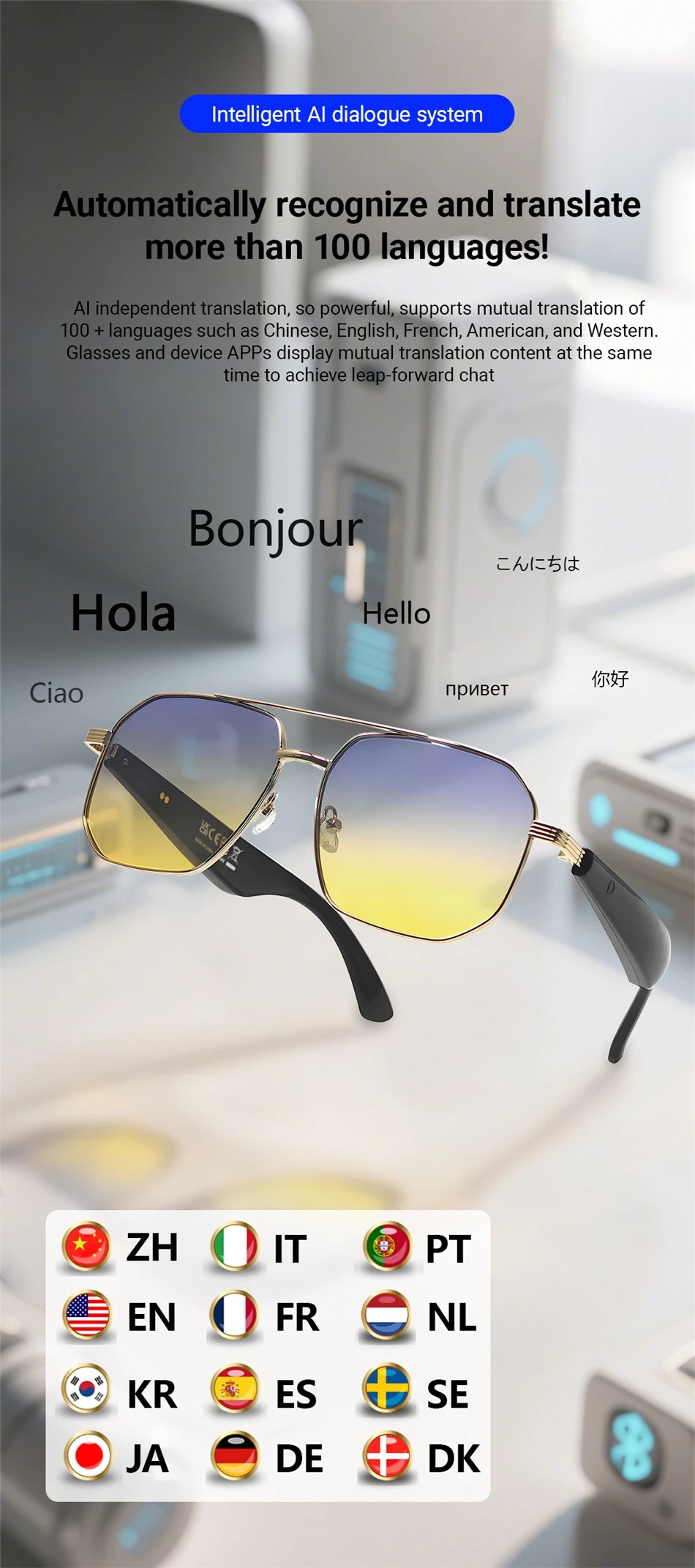 LIGE Ai Smart Bluetooth Glasses 100+Languages ​​Translation Real-time Q&amp;A BT5.4 Music UV Protection Smart Sunglasses for Men Women
