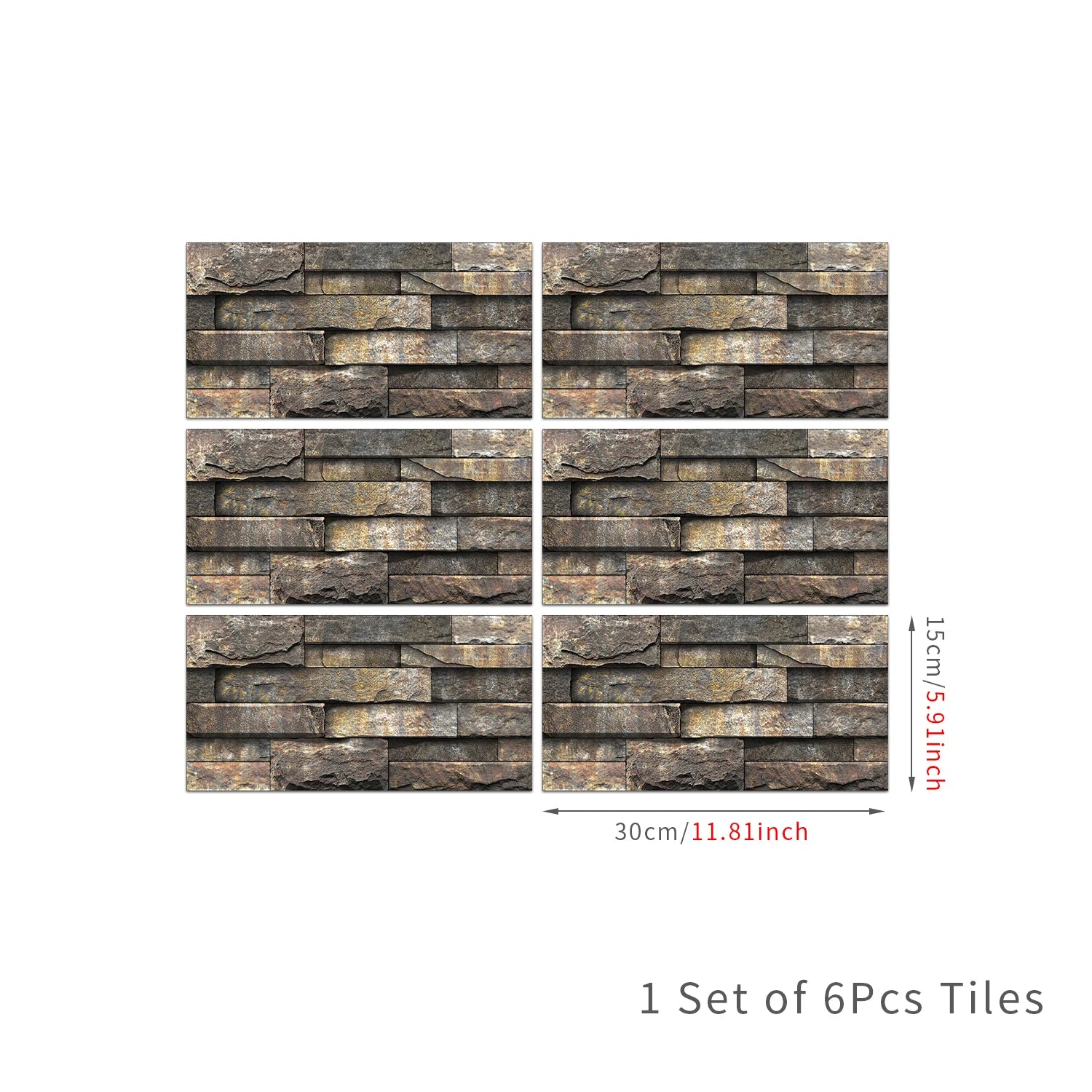 6Pcs 3D Self-Adhesive Wall Sticker 30x15cm Oil Proof Waterproof Brick Stone Imitation Brick Tile Stone Particle Wallpaper Decals