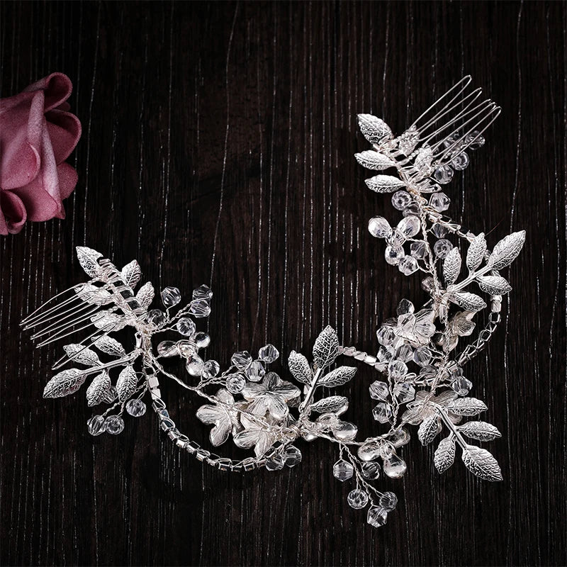 Băng Tóc Cưới Ngọc Trai Pha Lê Hoa Lá Nữ Tính