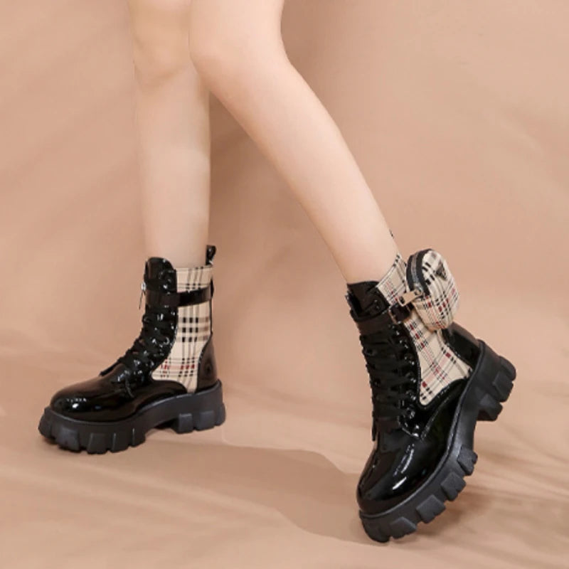 Women's Fashion Short Leather Boots with Thick Soles &amp; Zipper Pocket