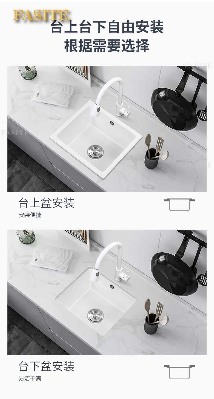 Bar counter square white quartz stone sink size single under counter kitchen vegetable basin - Daisan Mart
