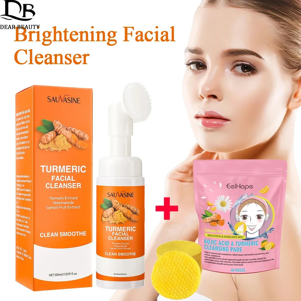 Turmeric Face Cleanser + Turmeric Kojic Acid Facial Exfoliating Cleansing Pads Reduce Dark Spots Skin Brightening Face Care Set