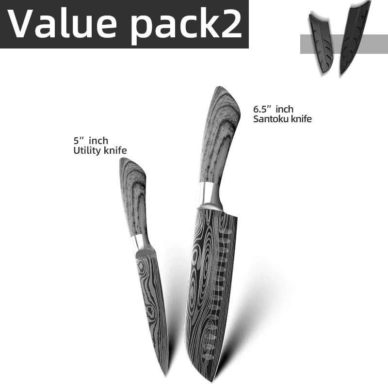 Japanese Santoku Kitchen Knife Set 7Cr17 440C Damascus Pattern