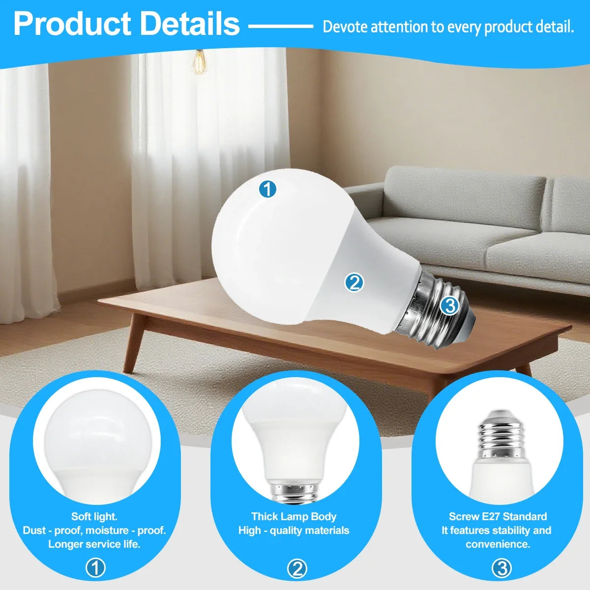 Set of 12 E27 LED Bulbs Full Watt Super Bright 220V 240V