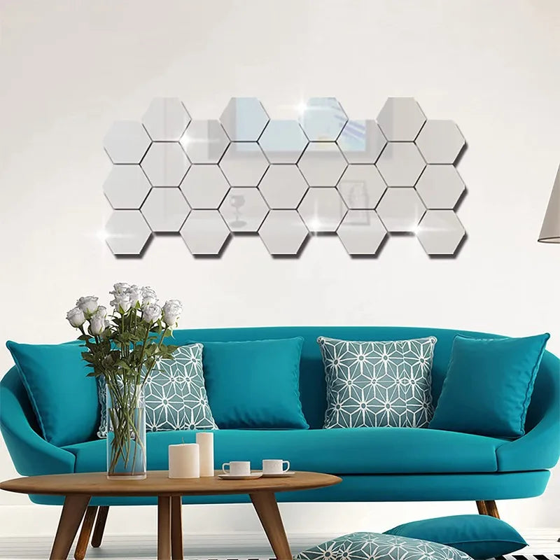 120/6pcs 3D Mirror Wall Sticker Hexagon Acrylic Self Adhesive Mirror Stickers Art Wall Decal Mosaic Tiles DIY Home Bedroom Decor