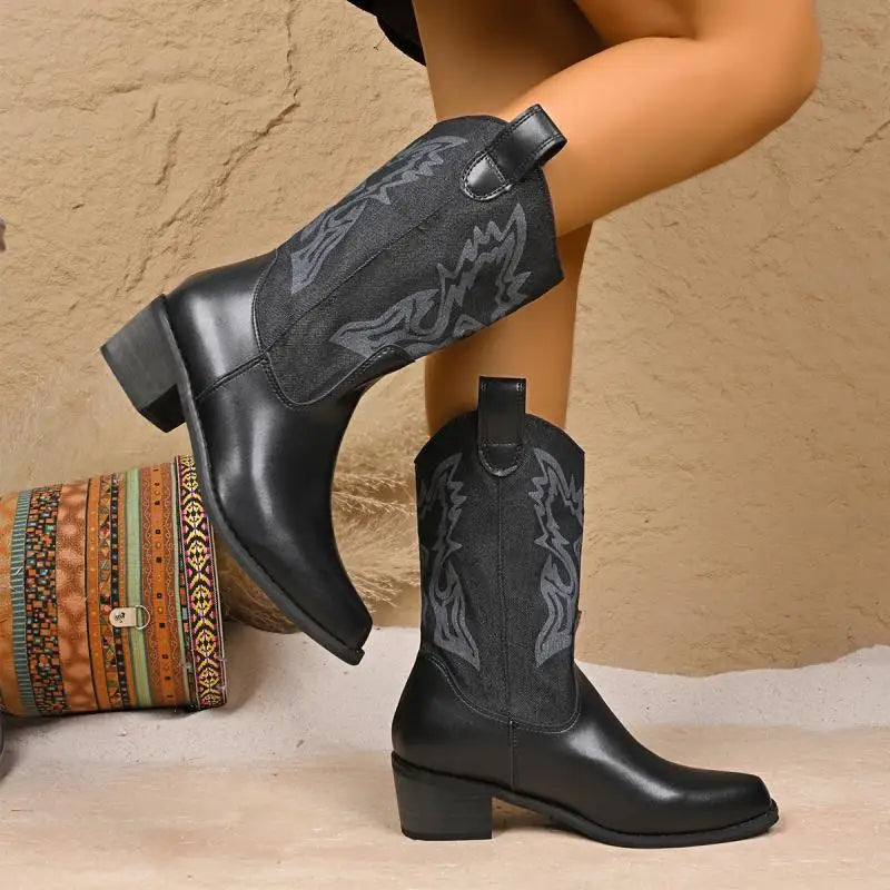 ###Bốt Da Cao Cổ Thêu Nữ 2025 - Phong Cách Viễn Tây