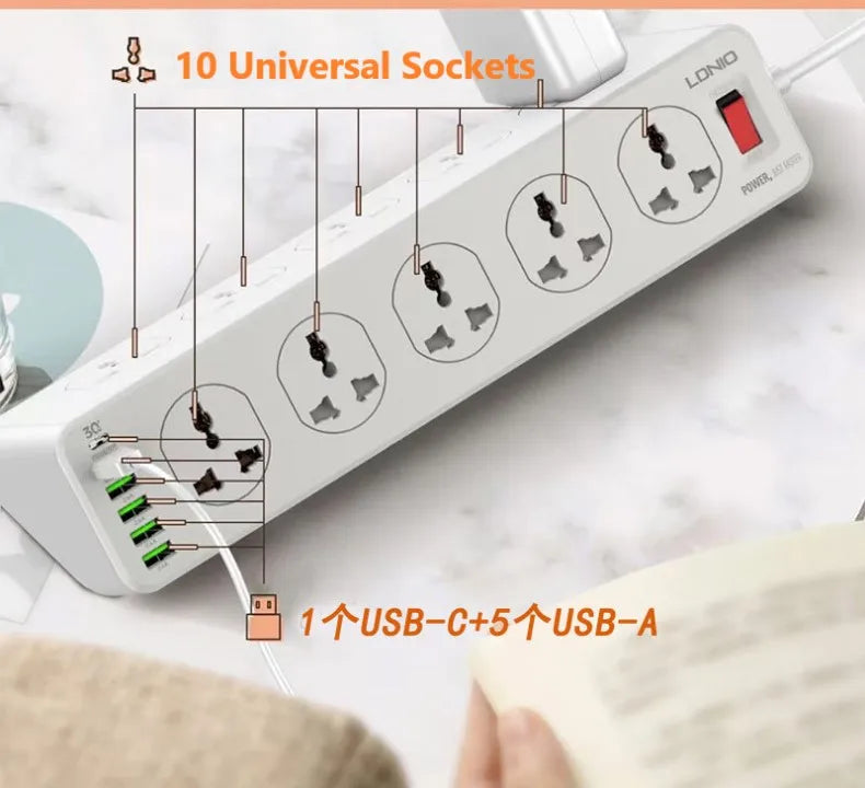 Ổ Cắm Đa Năng 10 Lỗ 4 USB 1 Cổng Sạc Nhanh Type C