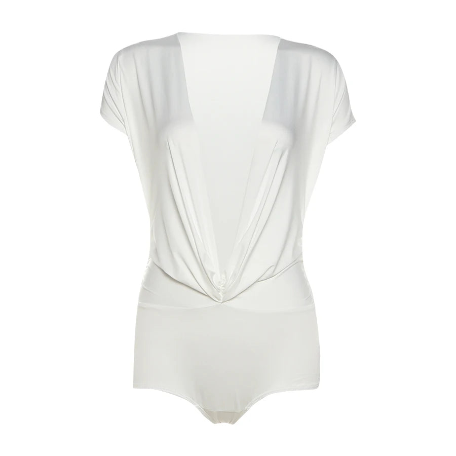 Nibber Deep v-Neck Bodysuits Women Folds Skinny High Elasticity Solid Simple Classic Sexy Midnight Summer Streetwear Outfits