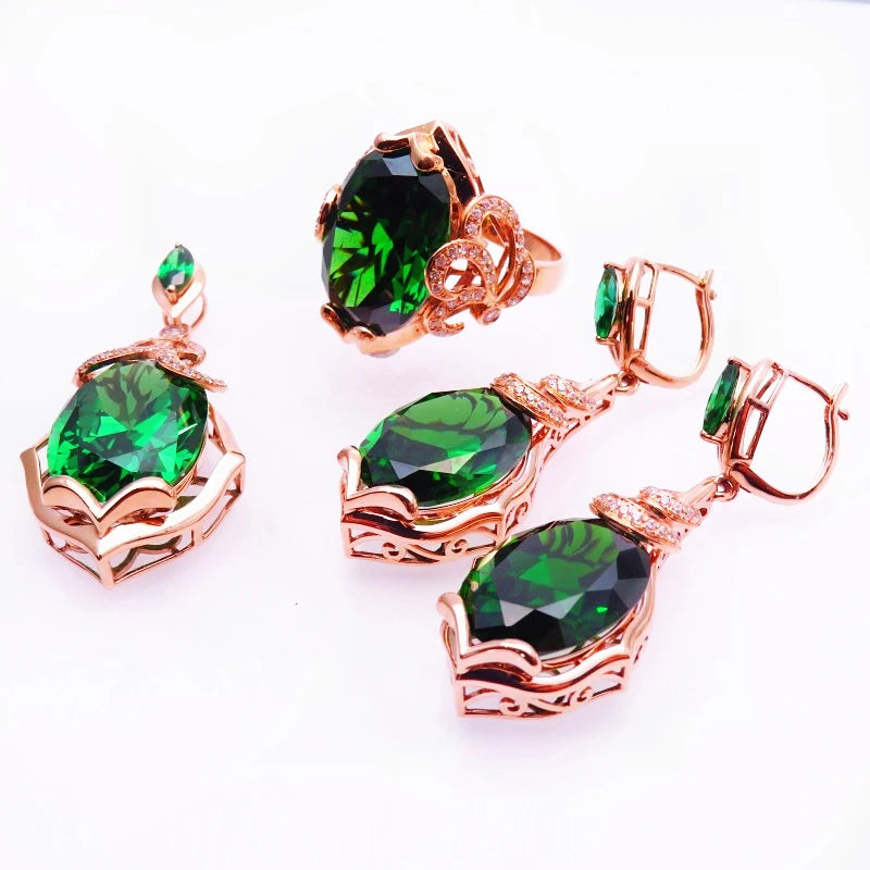 Luxurious 14K Rose Gold Emerald Jewelry Set