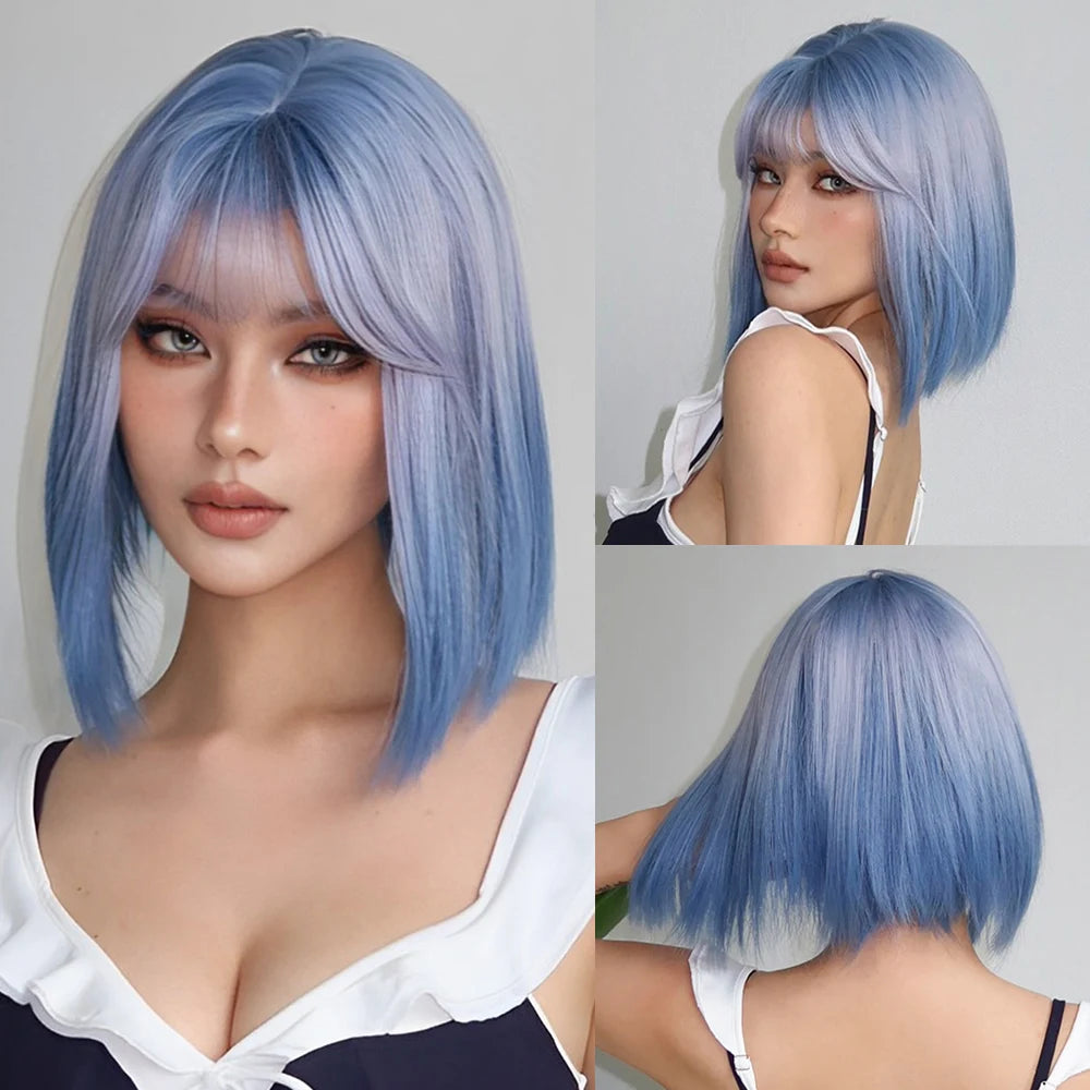 Ombre Xanh Trắng Tóc Giả Ngắn Cosplay Mái Thẳng - Daisan Mart