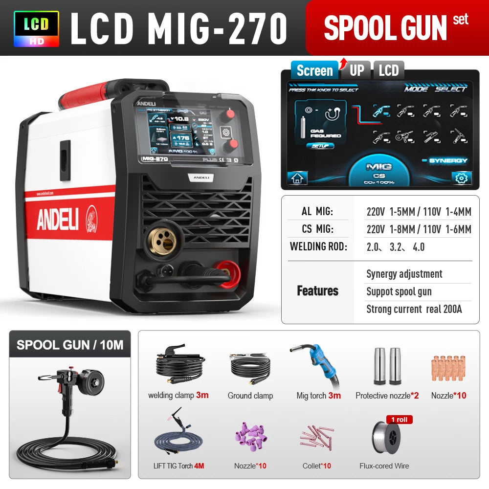 ANDELI 200A MIG Welder MIG/TIG/MMA/Aluminum Welding Gas/Gasless Semi-automatic Welding Machine 5 in 1 Multiprocess Welders - Daisan Mart