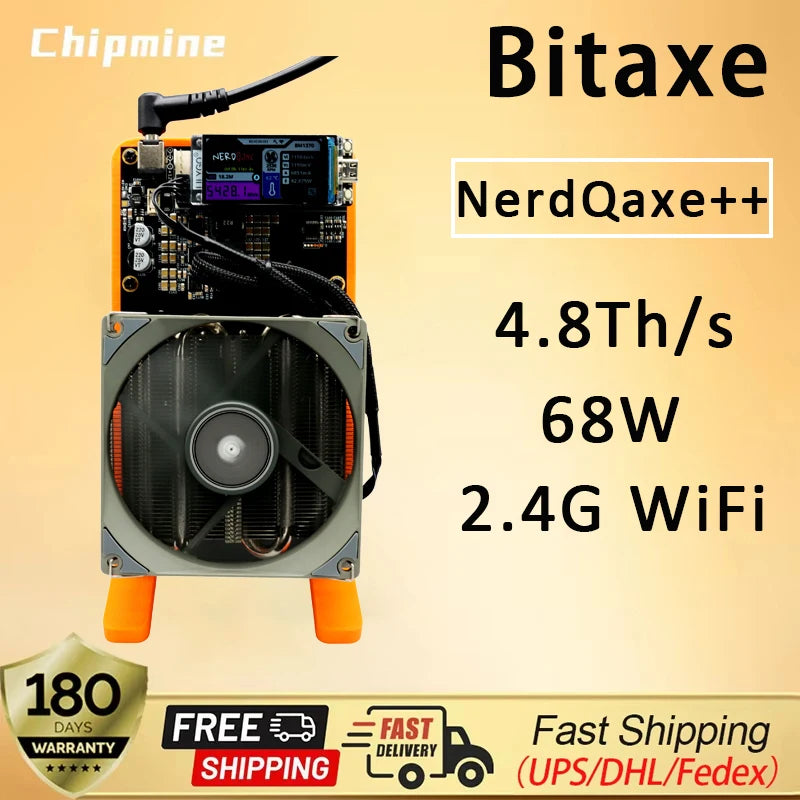 Máy khai thác Bitaxe trên nền cam, quạt tản nhiệt lớn, chữ đen về công suất và kết nối WiFi.