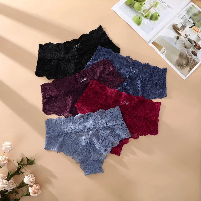 5PCS Women's Sexy Lace Star High Waist Thongs Solid Color Hollow Out Transparents Underwear Female Perspective G-strings S-XXL