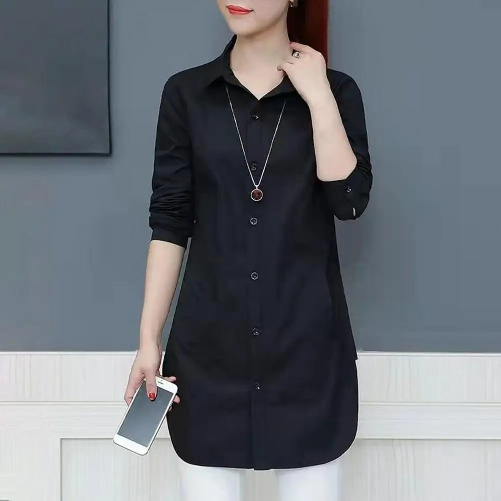 Women Shirt Elegant Side Split Irregular Hem Solid Color Basic Shirt Spring Summer Mid Length Underlay Shirt Casual Loose Shirts