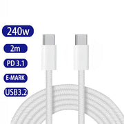 Cáp USB-C trắng, dài 2m, hỗ trợ 240W, PD 3.1, E-MARK, USB 3.2, nền trắng.