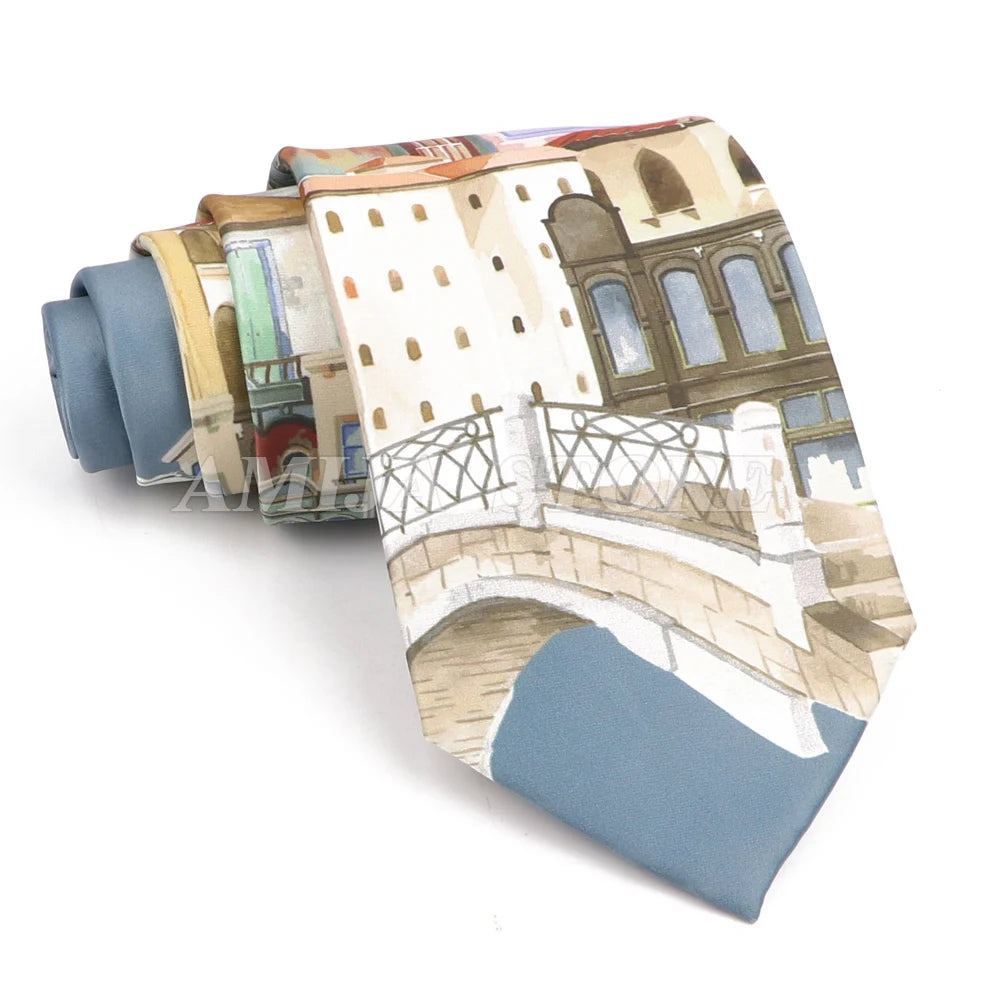 男士復古塗鴉圖案仿絲領帶 8厘米