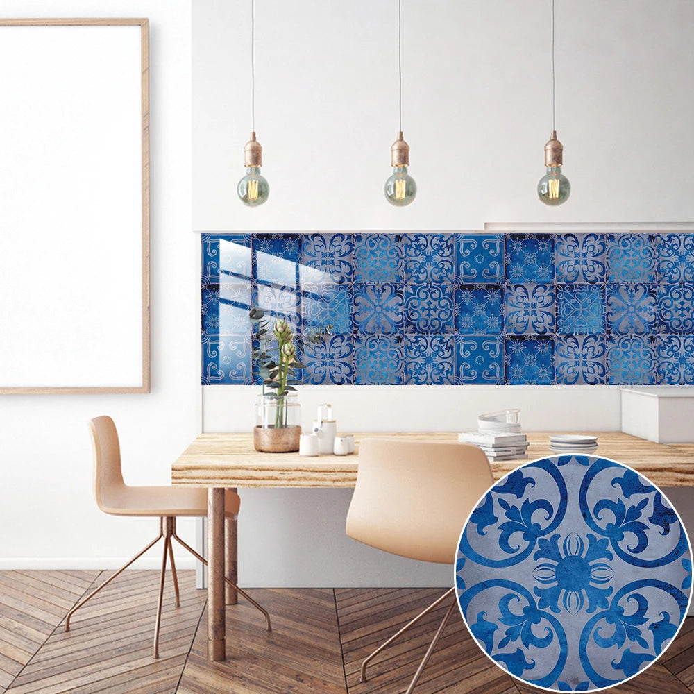 10pcs/set Dream Blue Tile Sticker Kitchen Backsplash Oil-proof Bathroom Waterproof Home Decor Wall Decals Peel &amp; Stick Art Mural