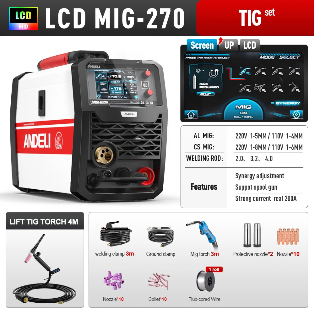 ANDELI 200A MIG Welder MIG/TIG/MMA/Aluminum Welding Gas/Gasless Semi-automatic Welding Machine 5 in 1 Multiprocess Welders - Daisan Mart