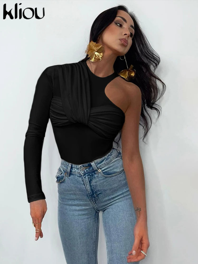kliou Classic Solid Women Bodysuits Autumn All-matched Stacked Ruched Incline Shoulder Skinny Rompers Female Trend Street  Tops - Daisan Mart
