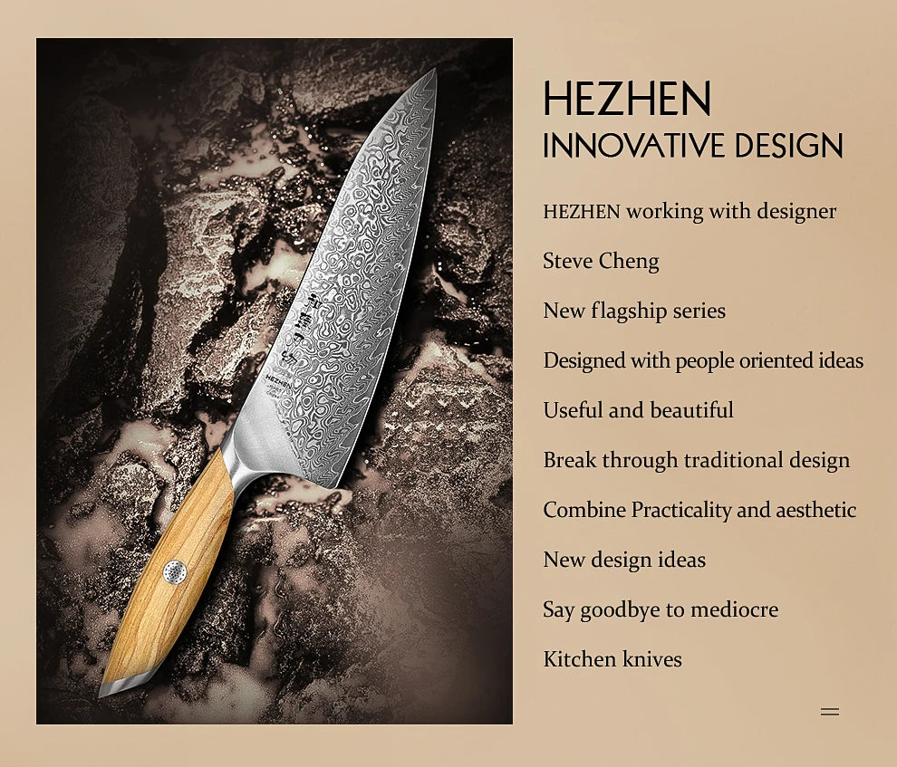 HEZHEN 1PC Or 2PC Knife Set 73 Layer Damascus Steel Powder Steel Core Sharp Kitchen Knives Olive Wood Handle Gift Box