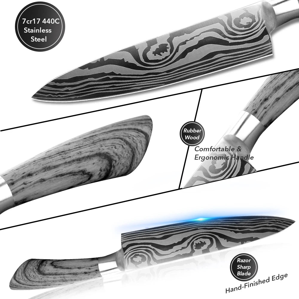 Bộ Dao Bếp Nhật Santoku 7Cr17 440C Vân Damascus