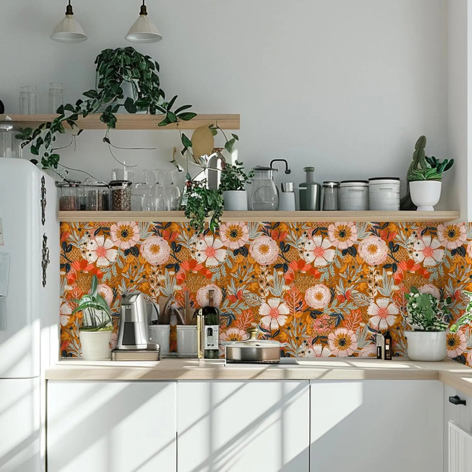 Giấy dán tường Boho hoa cam/hồng dán phòng ngủ 50cm