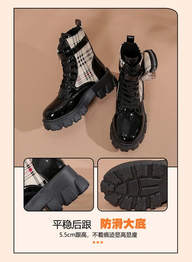 Women's Fashion Short Leather Boots with Thick Soles &amp; Zipper Pocket