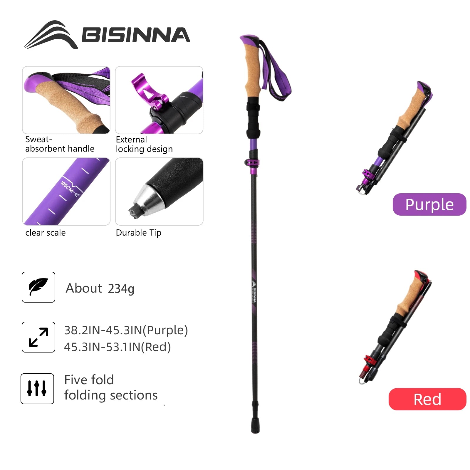 BISINNA Ultra Light 5-Section Folding Carbon Trekking Pole