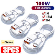 3 dây cáp trắng USB-C, sạc nhanh 100W, dài 1m, 1.5m, 2m, nền chữ "Choice" và "3PCS".