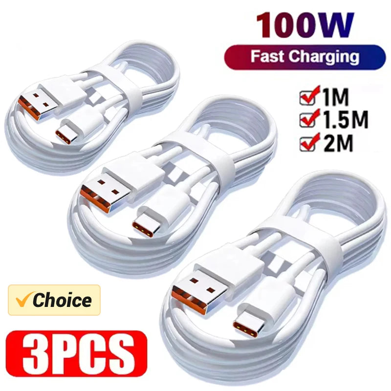 3 dây cáp trắng USB-C, sạc nhanh 100W, dài 1m, 1.5m, 2m, nền chữ "Choice" và "3PCS".