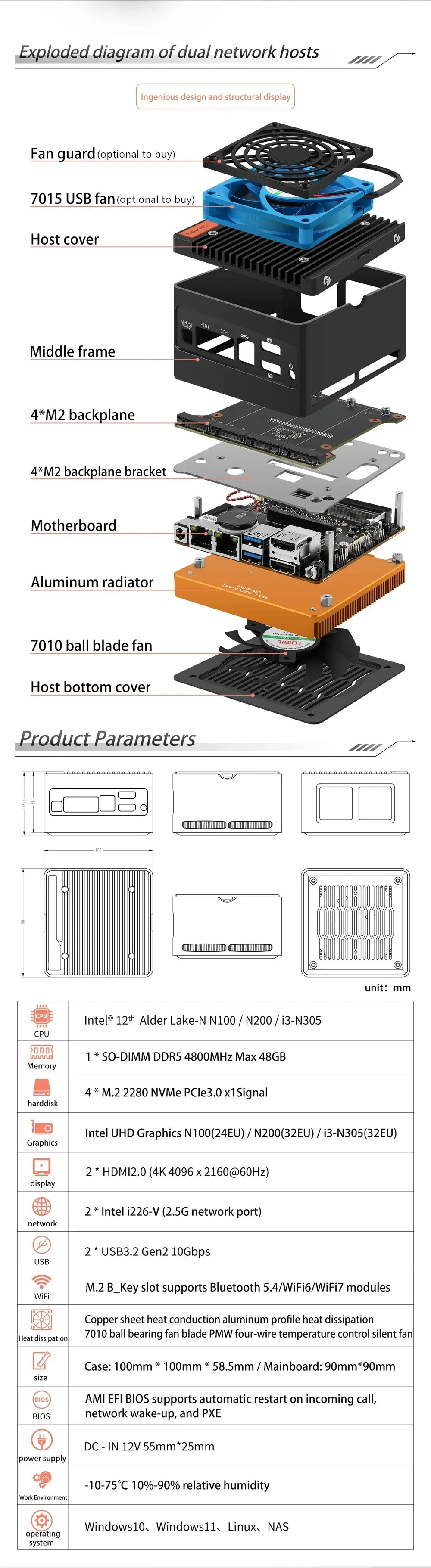 Hot 4 x NVMe Mini NAS Server 4 Bay NAS N100 i3 N305 Pocket PC with Dual LAN,Dual HDMI 2.0,USB3.2 Gen2,Support BT5.4/WiFi6/WiFi7