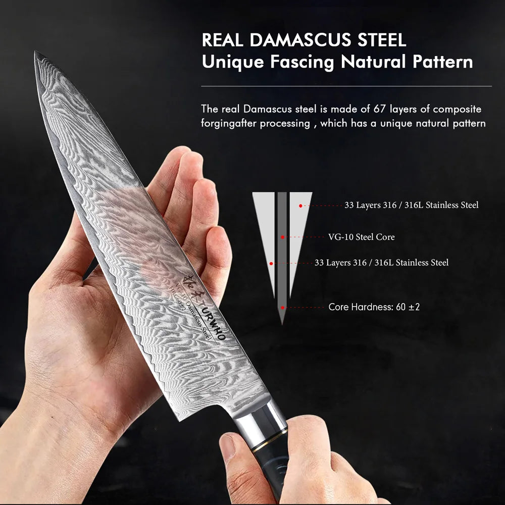 TURWHO 8 Inch Chef Knife Gyuto Knife Japanese Style VG10 Core Damascus Kitchen Knives Stainless Steel Butcher Knife Resin Handle - Daisan Mart