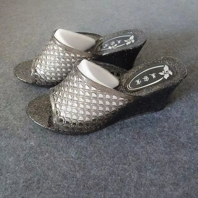 Summer Women's Causal One Word Slippers Soft Bottom Non Slip Slope Heeled Transparent Crystal Home Slippers Bathroom Slippers