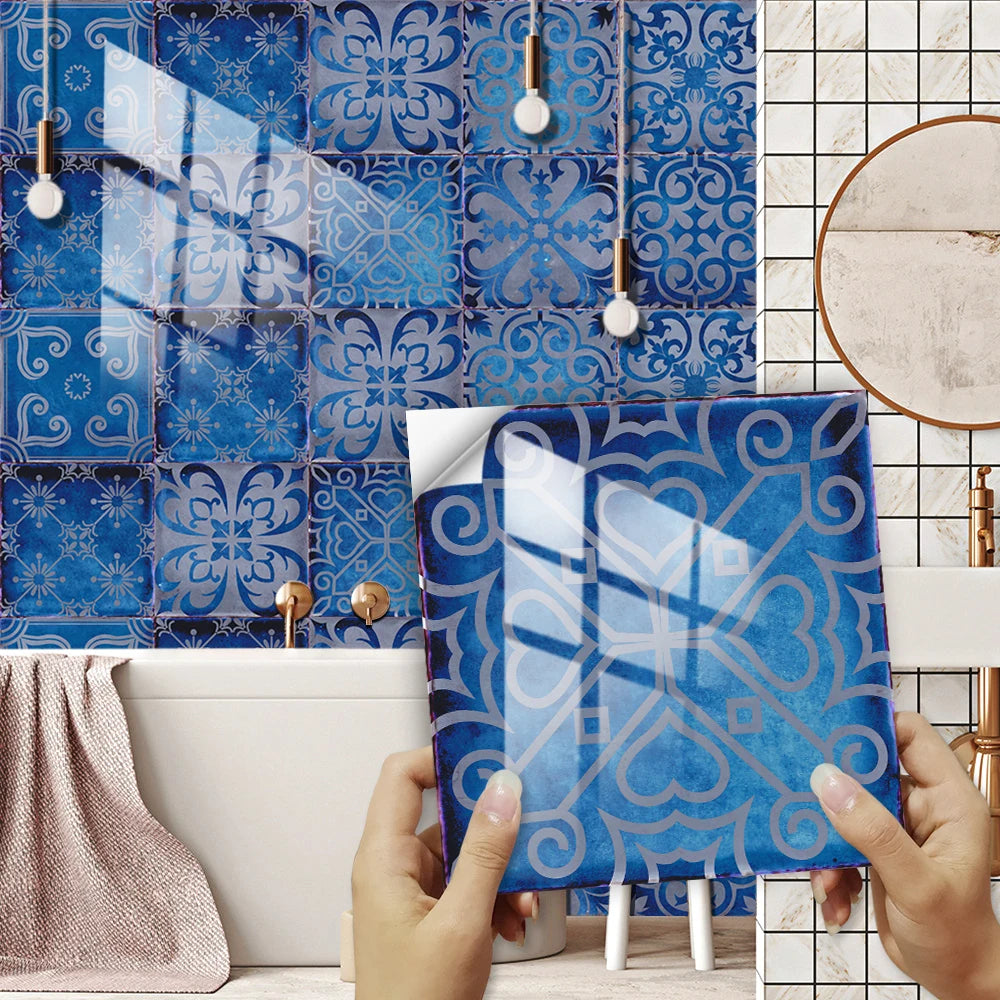 10pcs/set Dream Blue Tile Sticker Kitchen Backsplash Oil-proof Bathroom Waterproof Home Decor Wall Decals Peel &amp; Stick Art Mural