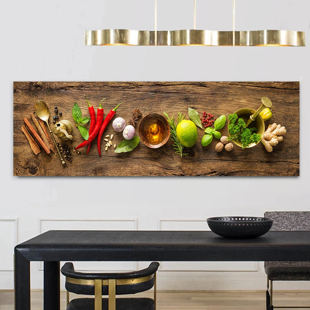 Kitchen Spice Canvas Wall Art, Grain Spice Spoon Chili Lemon Poster Printing Wall Art for Living Room and Dining Room Home Decor