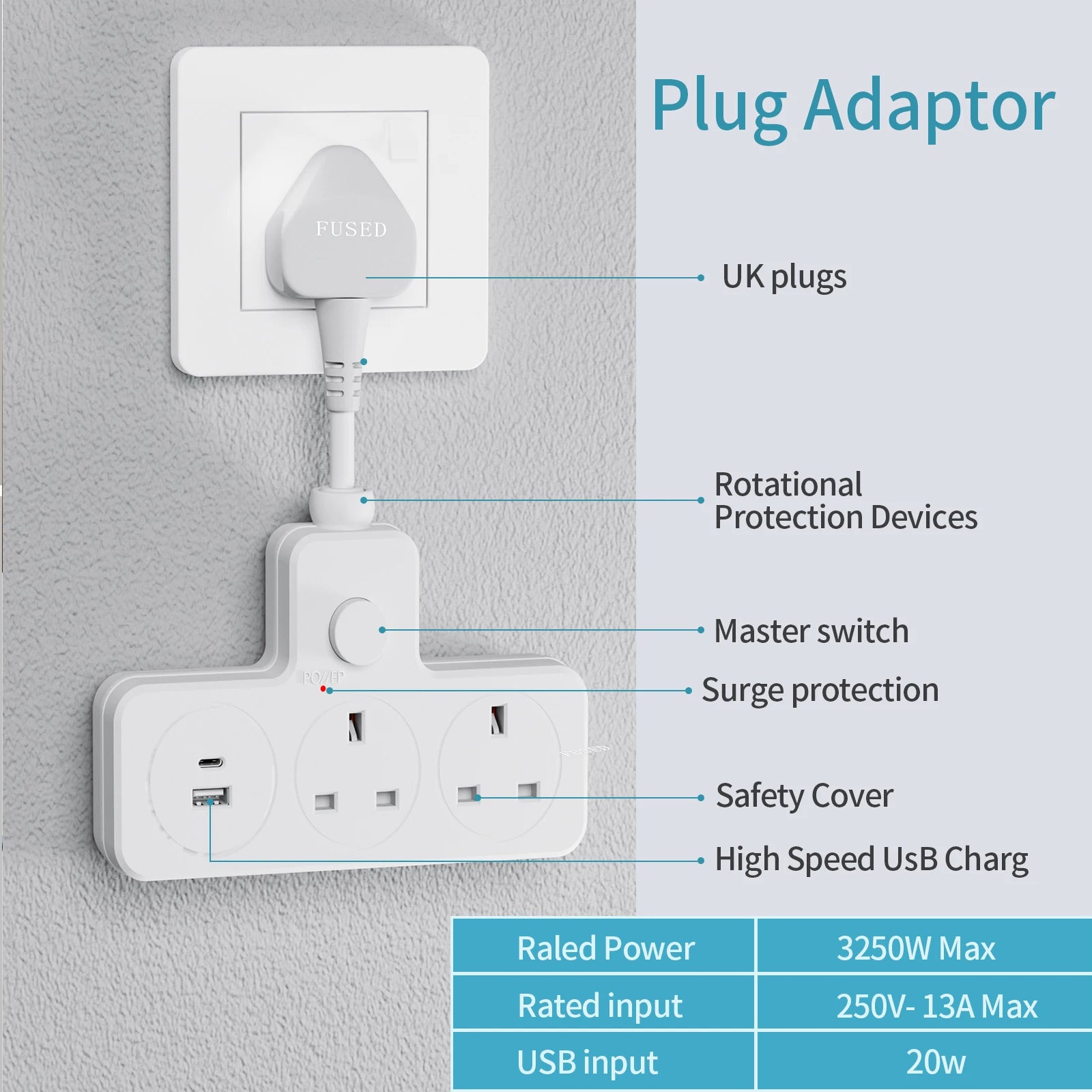 Ổ Cắm Điện Đa Năng UK 13A 3120W Kèm USB Du Lịch Văn Phòng