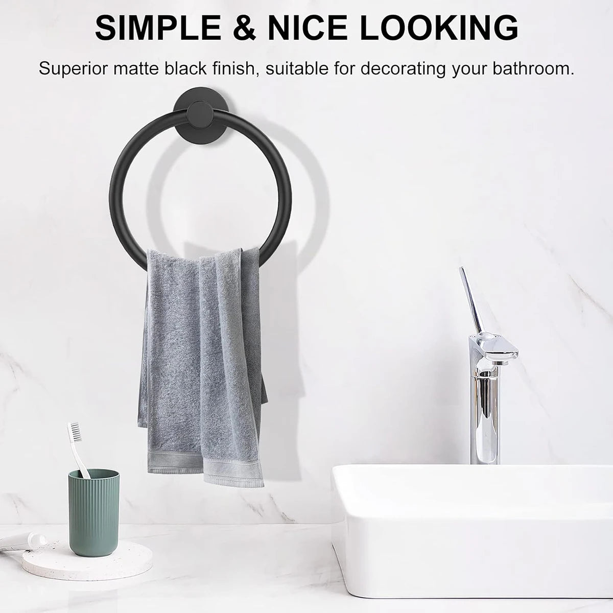 Bathroom Towel Ring Hardware Accessories Storage Holder 304 Stainless Steel Matte Black Hand Towel Holder Round Towel Hanger - Daisan Mart