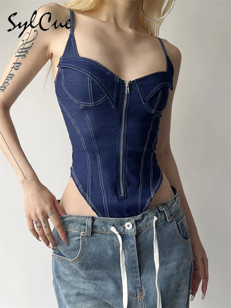 Sylcue 2023 Summer New Classic Retro Cool All-Match High Street Sexy Mature Charm Hot Women'S Zipper Jumpsuit Bodysuit