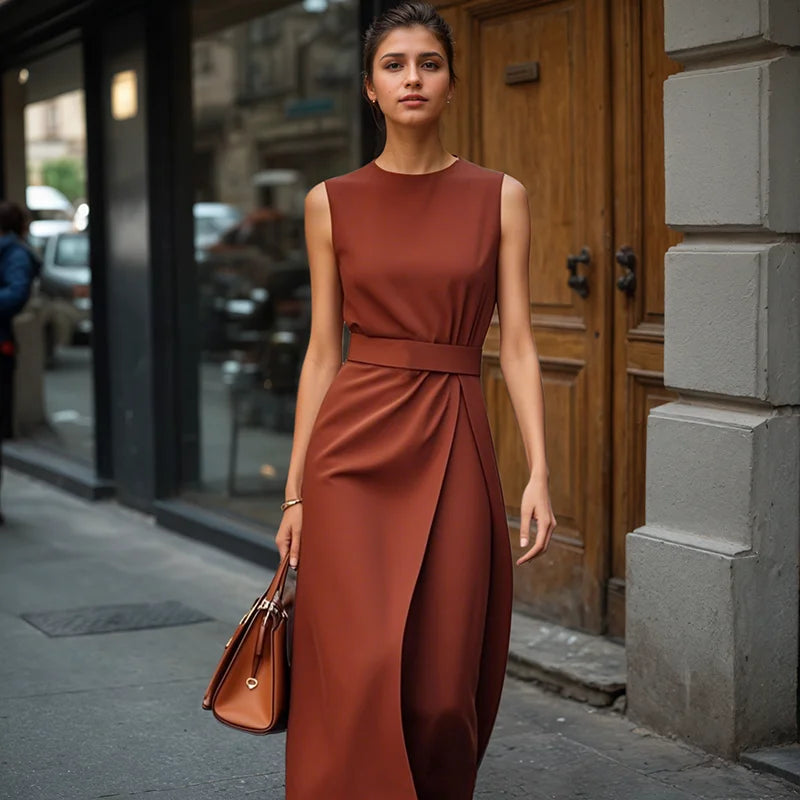 Office Lady Commute Long Dresses High Street Solid Color Round Neck Sleeveless Irregular High Waist A-Line Dresses For Women - Daisan Mart