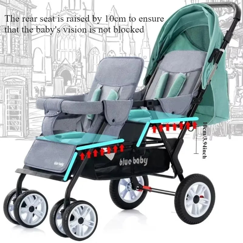 Premium Foldable Lightweight Double Stroller, Front and Back, Safe
