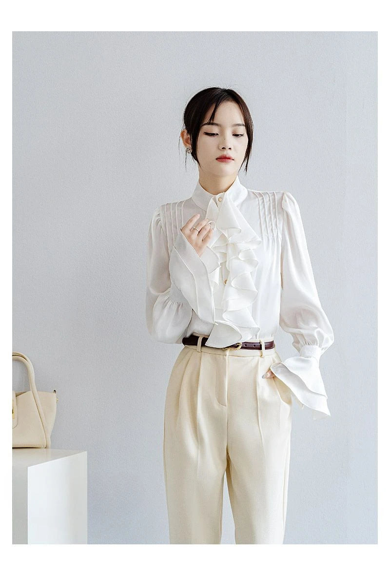 Office Lady Shirts for Women White Elegant Clothing All-match Fashion Korean Style High Street Chic Long Sleeve Spring Autumn - Daisan Mart