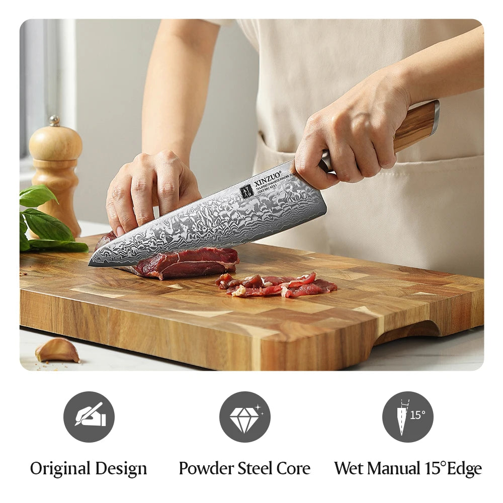 XINZUO 1PC-3PCS Damascus Japanese VG10 Steel Chef Knife Santoku Knife Utility Knife Olive Wood Handle with Copper Flower Nails - Daisan Mart