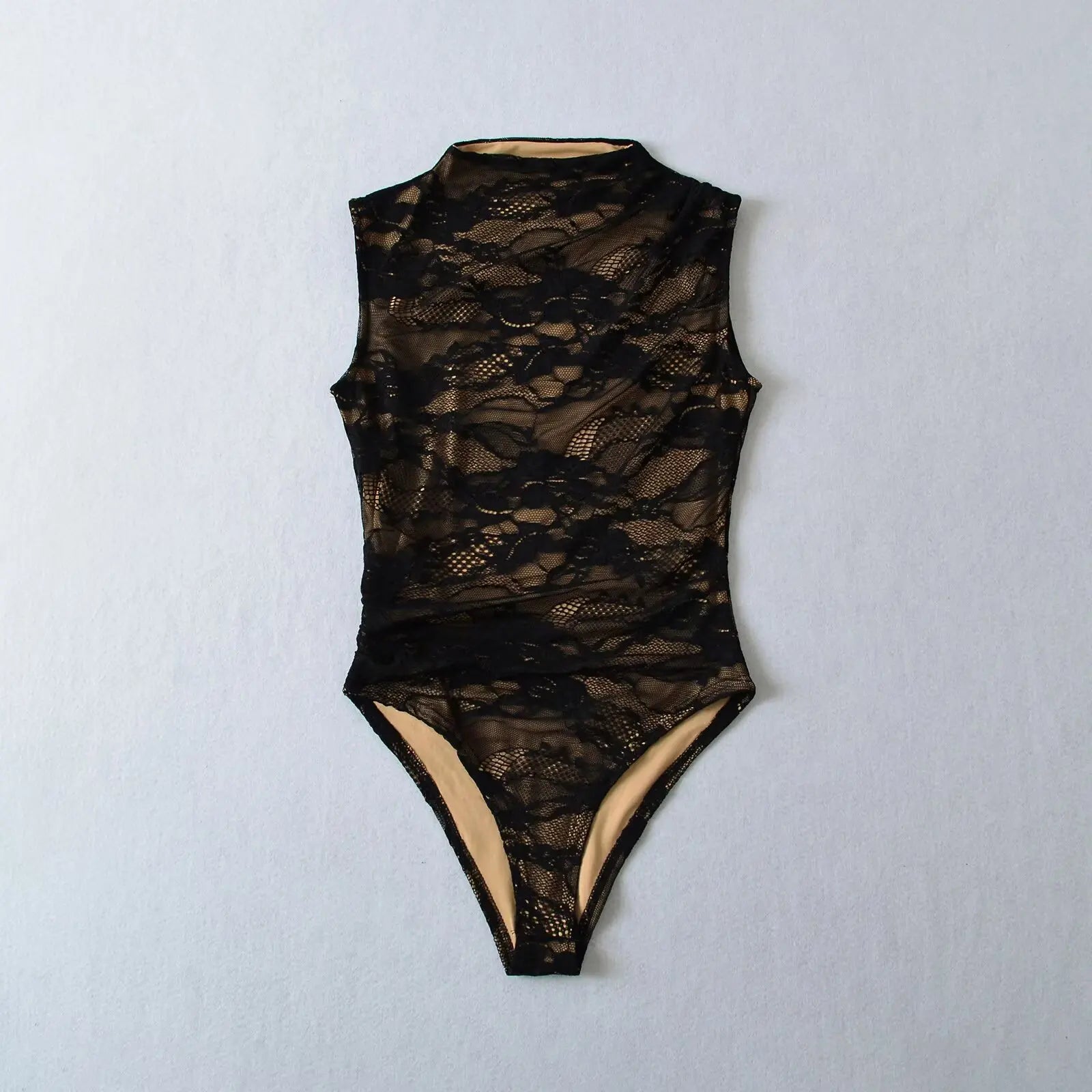 Fall 2025 color-blocked lace bodysuit, high neck, sleeveless, sexy
