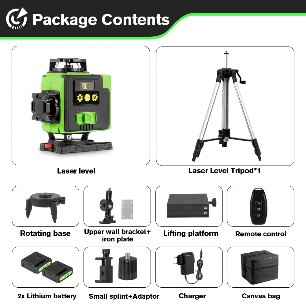 HGLINE 16 Lines 4D Laser Level APP Remote Control Rechargeable Self-leveling 360 Green Line leveling 6000mAh Big Li-ion Battery
