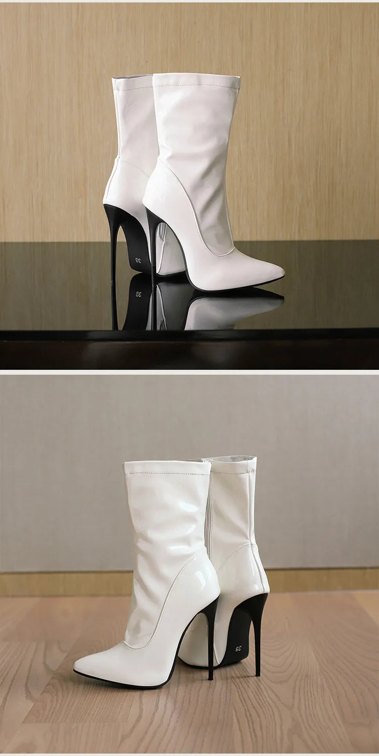 Women's Pointed Toe, Short Cut, Elegant Pointed Heel Patent Leather Boots
